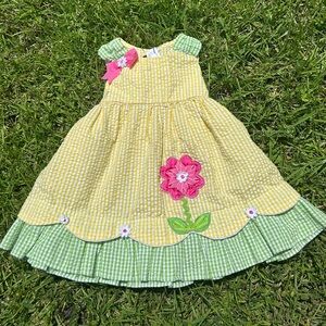 Yellow and Green Gingham Kids Dress with Floral Design